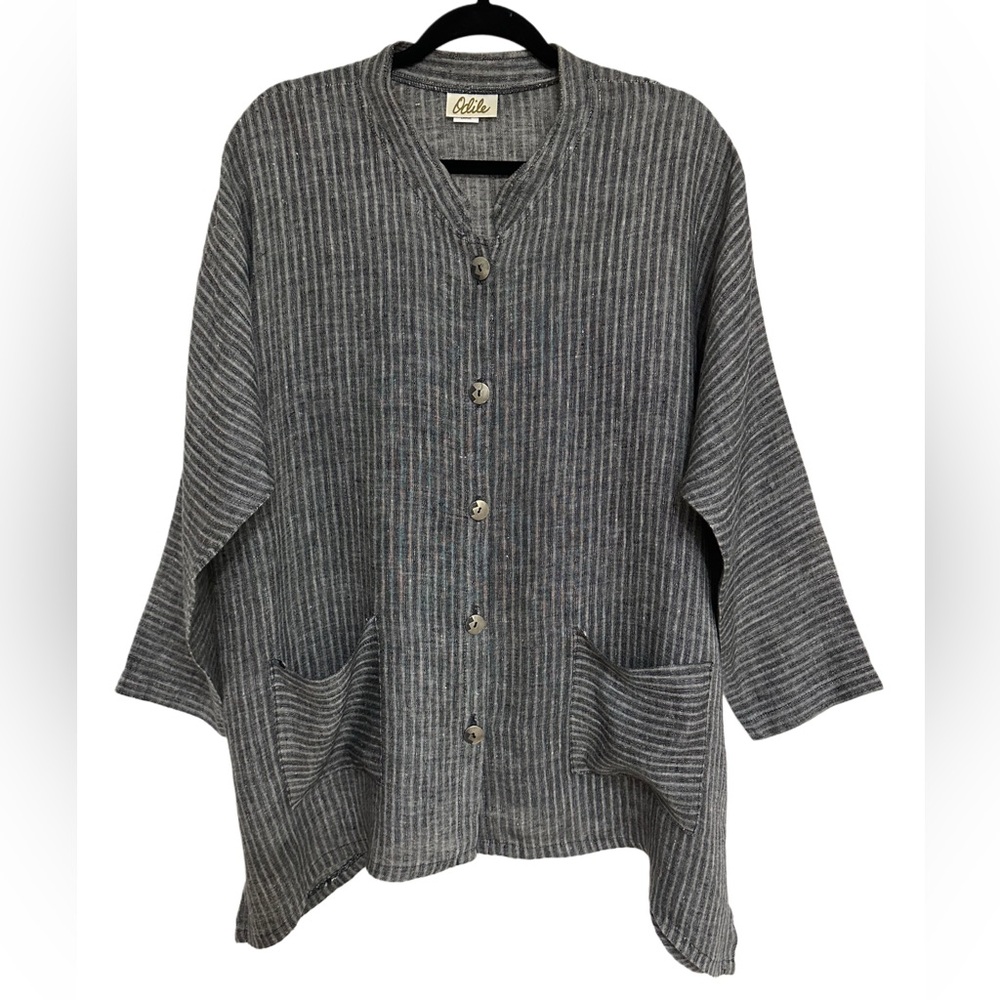 Odile 100% Linen Ribbed Button Front Tunic Top Large Gray Lagenlook Pockets